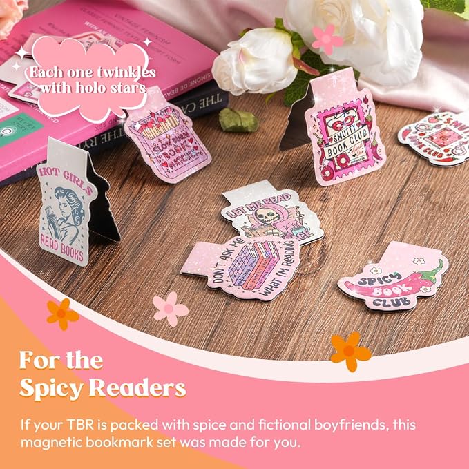 Kaciola Studio 12PCS Glittery Magnetic Bookmarks, Pink Spicy Cute Book Marks for Book Lovers Gifts, Funny Bookmark Accessories for Women Teachers Students School Office Home Supplies (Spicy)