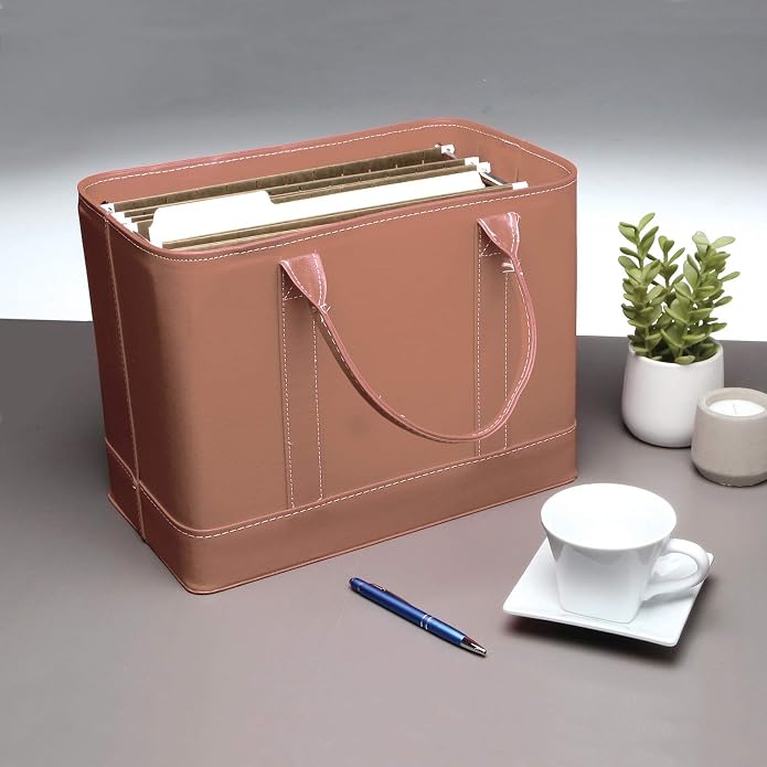 HOME DISTRICT Chic File Organizer Tote - Important Document Organizer Bag, Portable File Box with Handle, Brown