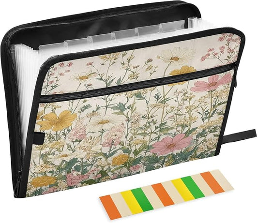 Pink Beige Flowers Accordion File Organizer Expanding Document Folder with 13 Pockets Portable File Folder for A4 Letter Size