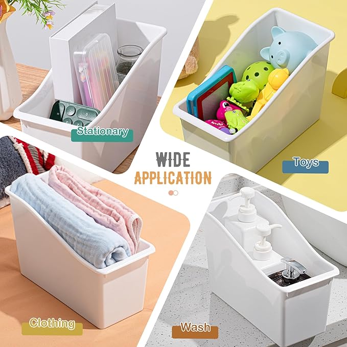 Geetery 24 Pcs Book Bin for Classroom with Labels Stackable Plastic Organizing Bins 11.5 x 5.4 x 7.5 in Book Holders Storage Bins Box Baskets for Classroom Library Home (White)