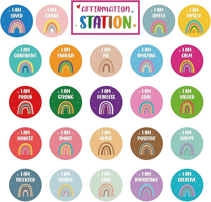 Boho Affirmation Station Bulletin Board Set Rainbow Positive Bulletin Board Positive Mirror Growth Mindset Inspirational Motivational Accent Cutouts for School Teacher Home Wall Supply