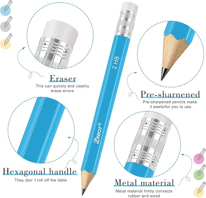 ZWlOT Golf Pencils with Eraser, #2 HB Half,4" Mini,Pre-Sharpened,120/200/320 Count Pencils Wood Cased Short for Classroom, Office, School, Wedding and Party Game(Blue-200pcs)