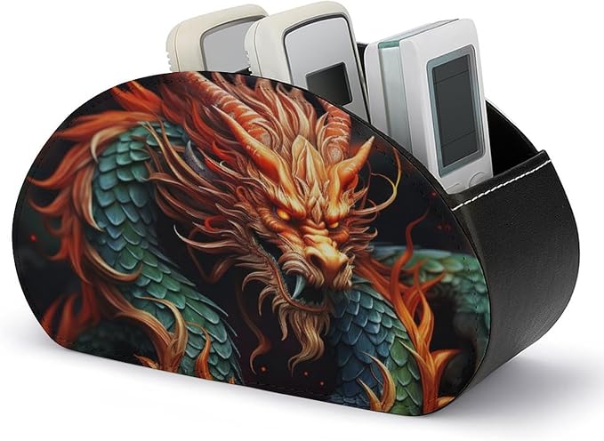 Chinese Dragon TV Remote Control Holder PU Leather Storage Caddy Box 5 Compartments Multi-functional Desktop Organizer Store for Brush Office Supplies Pen Glasses