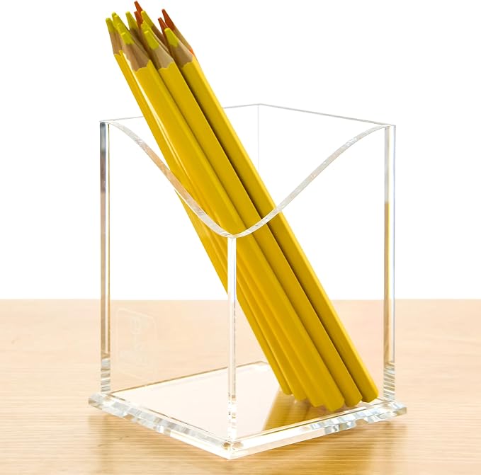 Clear Acrylic Pencil Pen Holder Cup, Desk Accessories Holder,Makeup Brush Storage Organizer, Modern Design Desktop Stationery Organizer for Office School Home Supplies, 3.1x 3.1x 4.3 inch