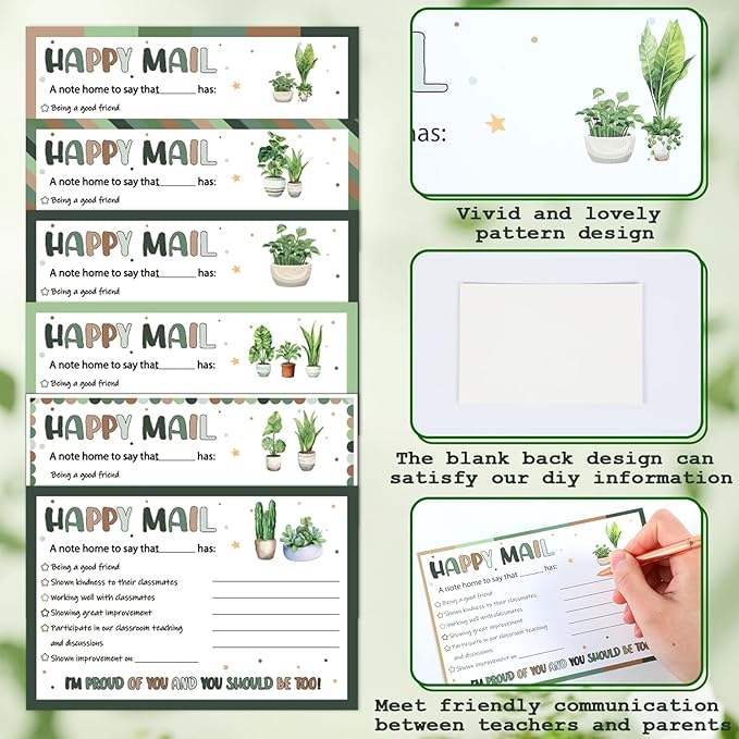 60Pcs Greenery Happy Mail Teacher Notes to Parents Classroom Good Behavior Incentive Motivational Cards Positive Postcards to Send Home for Classroom Kindergarten Elementary School