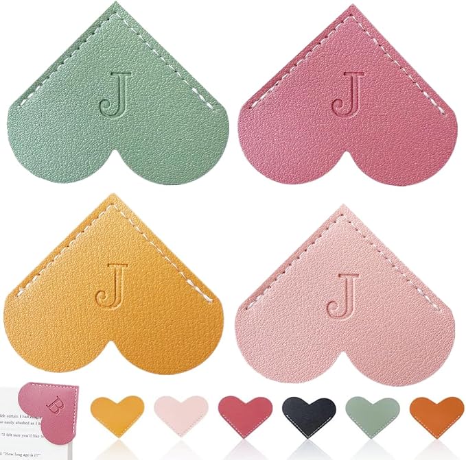 Personalized Leather Heart Bookmark, 26 Letters Customized Corner Book Mark for Reading Women, Book Marker with Initials，Cute Gifts (Light Pink+Deep Pink+Green+Light Brown, J)