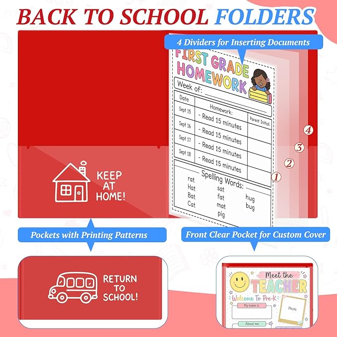 12 Pcs Take Home Folders for Elementary Students,Back to School 2 Pocket Folders with Clear Front Pocket 4 Inner Pockets,Plastic Parent Teacher Communication Folder 11.81 x 9.45 Inch (Red)
