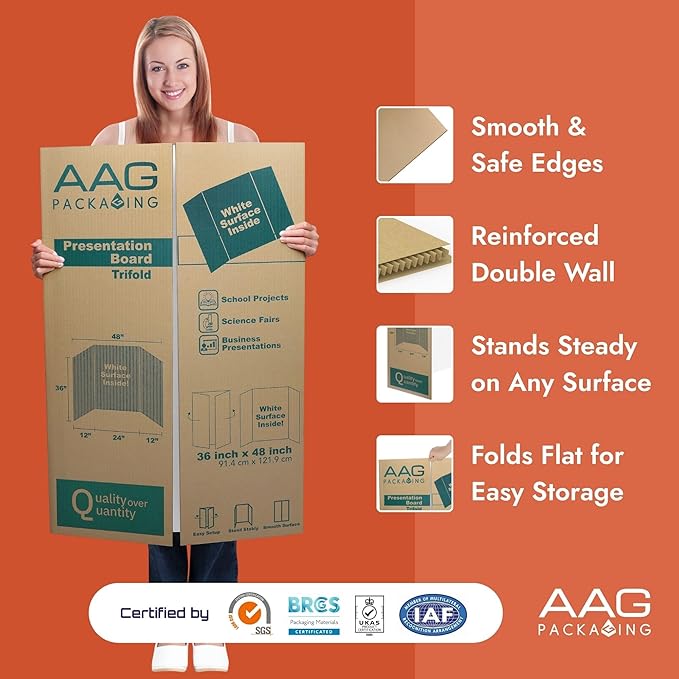 Trifold Presentation Board, Double-Wall Construction, Smooth Edges, Foldable Storage, for School Projects, Business Presentations (White, 36 x 48 x 0.78 inch)