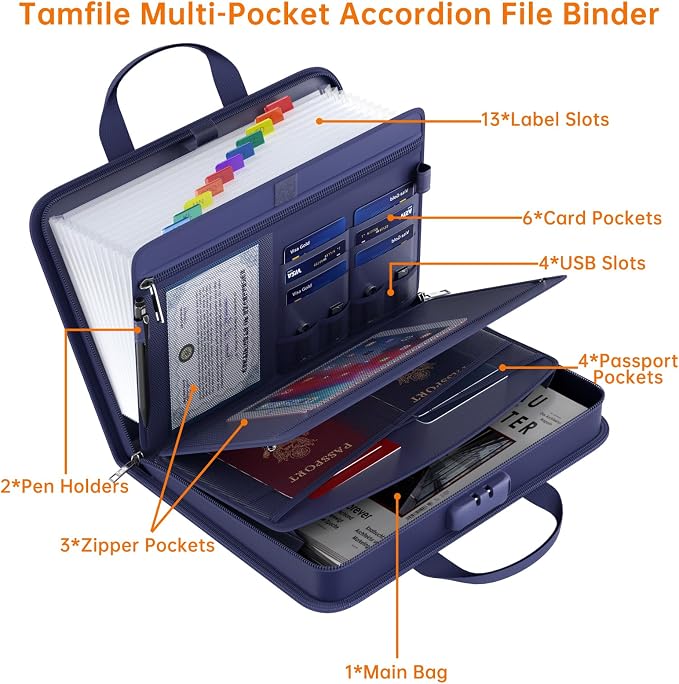 Fireproof Accordion File Organizer with Lock, 5200℉ Document Organizer | Thickened, 13 Clear Pocket, with Zipper & Labels, Important Document Organizer, Expanding File Folder, with Handle, Black
