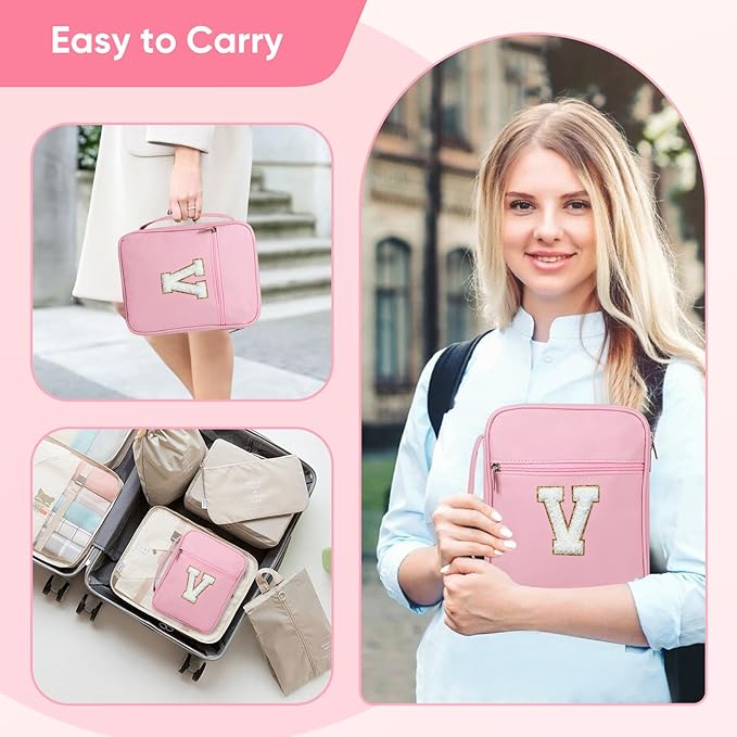 Bible Covers for Girls, Fruobeyla Pink Bibles Cases for Woman PU Leather Bible Carrying Case for Women, Large Bible Tote Bags with Handle and Zippered Pocket for Kids, Pink (Letter V)