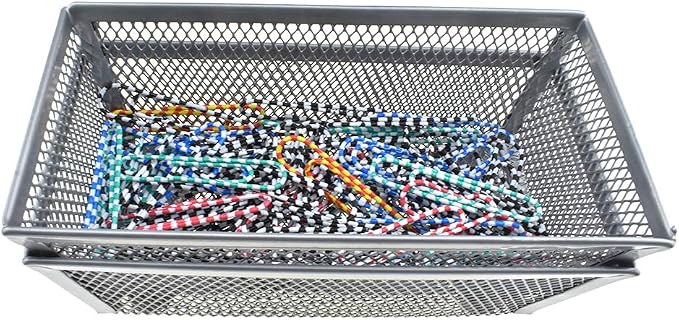 HAHIYO Stackable Mesh Tray Cup 6 x 3 x 2 inches Sturdy Container for Desk Drawer Organizer Collection for Home Office School kitchen Soft Foam Feet No Sharp Edges 2 Pack Silver