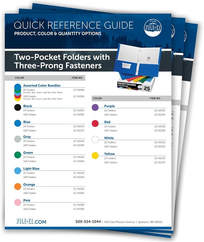 FILE-EZ Two-Pocket Folders with 3-Prong Fasteners, Blue Color, 25-Pack, Durable Textured Paper, Matte Finish, Letter Sheet Size (EZ-92523)