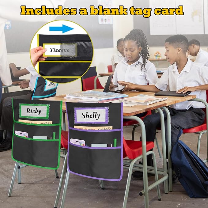 12 Pack Black Chair Pockets for Classrooms, Chair Pocket with 3 Heavy Duty Storage Pocket, Chair Back Buddy Pocket with Name Tag Slot, Ideal Back to School Supplies, Classroom Must Haves (Multicolor)