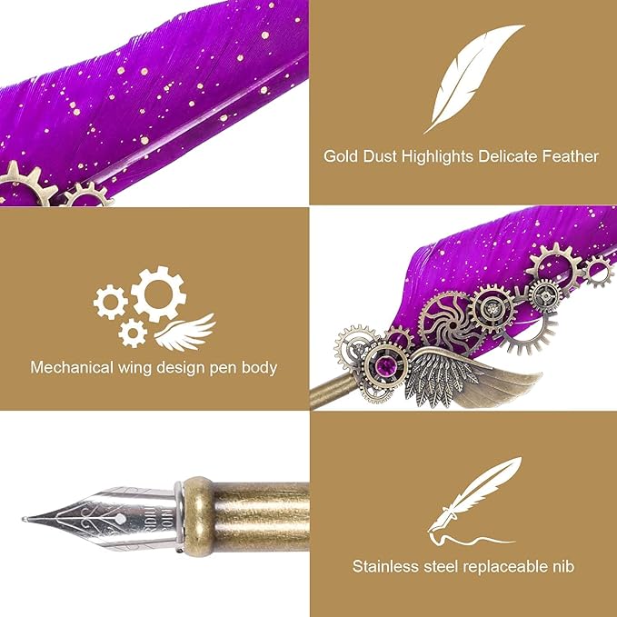 NC Quill Pen Set, Feather Pen With 5 Ink Bottles and 6 Replaceable Nibs, 1 Mechanical Quill, Calligraphy Pen for Writing, Letters, Diary, Signing, Invitation (Purple)