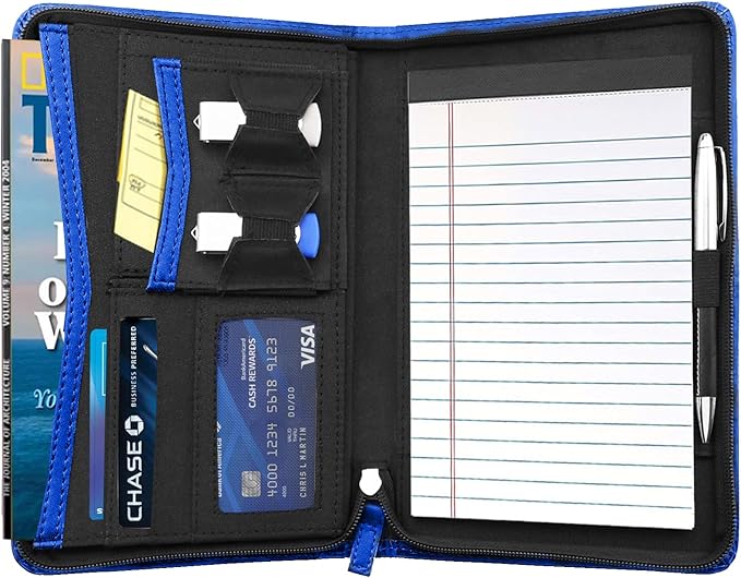 Junior Padfolio/Resume Portfolio Binder with Refillable Lined Notepad, A5 Padfolio Folder, Business Portfolio, Multi-Function Case, A5 Writing Pad Included, Royal Blue
