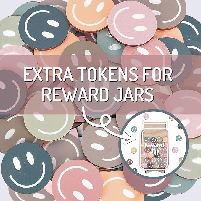 JarThenaAMCS 45 Pcs Boho Smile Extra Tokens for Reward Jar Colorful Happy Face Wooden Cutouts with Linen Pocket 9 Colors Wooden Tokens for Back to School Student Teacher Home Classroom