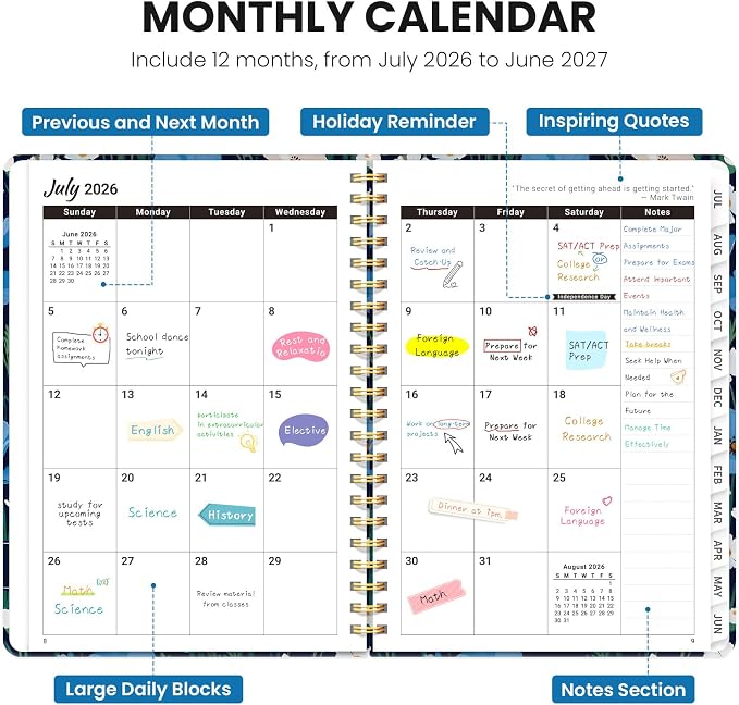 Planner 2026–2027, Academic Planner Weekly and Monthly Calendar Jul 2026 – Jun 2027 Hardcover Planner with Tabs and Pocket, Spiral Bound Agenda Book for Student & Teacher, 6.3" x 8.5", Blue Poppies