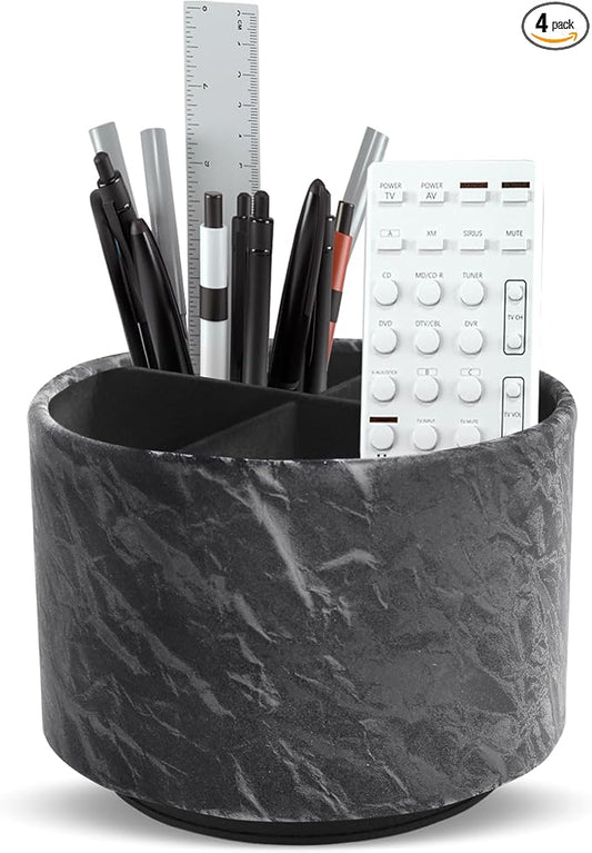 Round Leather Art Supply Organizer,Remote Control Holder,360 Degree Spinning,Multi-Functional Pencil Holder,4 Compartments Desktop Stationary Organizer(1-Hill Black)
