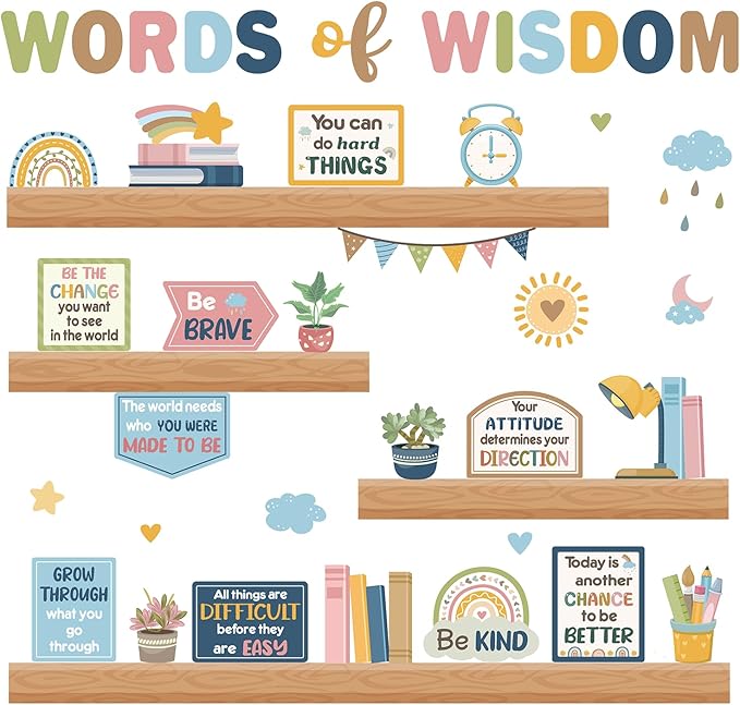 Qilery Bookshelf Bulletin Board Set, Pastel Boho Words of Wisdom Motivational Classroom Decor, Inspirational Cutouts for Back to School Reading Corner Teacher Supplies, Positive Affirmation Wall Decor