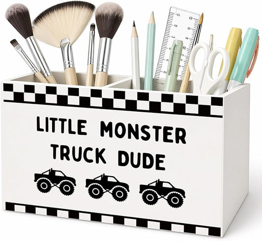Car Kids Pen Pencil Holder for Desk, Race Car Room Decor, Monster Truck Black Checkered Wooden Box Sign Decorations for Kids Boy Nursery Room Bedroom Playroom Desk Tabletop