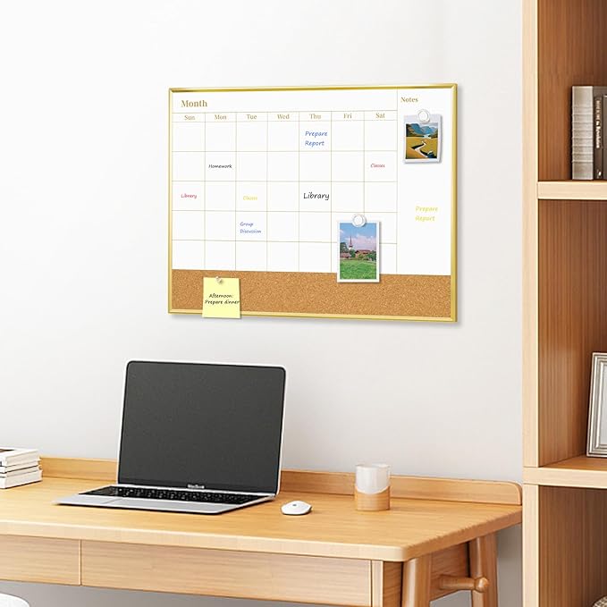 Small Dry Erase Calendar Whiteboard for Wall, 16'' x 12'' Monthly White Board Planner with Gold Frame and Corkboard, Magetic Potable Wipe Board for Home Office School Dorm
