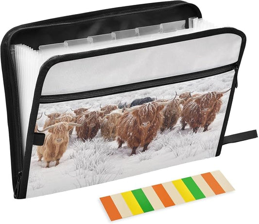 Scottish Highland Cow Winter Expanding Accordion File Folder with 13 Pockets and Zipper Closure