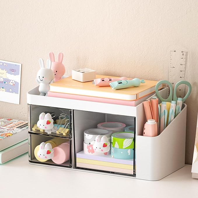 Desk Organizer with Pencil Holder and 3 Drawers, Desk Accessories Holder for Desk, Desktop Stationery Organizer for Office Home School Dressing Table(Rabbit Handle)