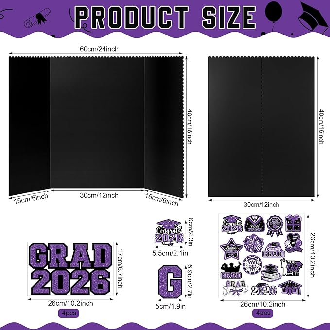 4 Set Graduation Photo Display Board, Class of 2026 Black Purple Trifold Poster Board with Grad Pattern Stickers, Graduation Photo Props Collage for Multiple Pictures Party Decorations, 16x24 Inch