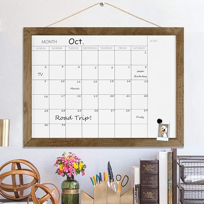 TORASO Dry Erase Monthly Calendar Board, Solid Pine Wood Frame Magnetic Whiteboard for Wall, Office/School/Home, Hanging Board 12"x 16"(YL-RB-3040-A)