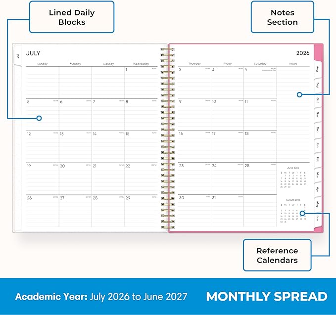 Blue Sky 2026-2027 Weekly and Monthly Academic Year Planner Calendar, July 2026 - June 2027, 8.5" x 11", Flexible Cover, Wirebound, Storage Pocket, Laminated Tabs, Roosevelt Pink