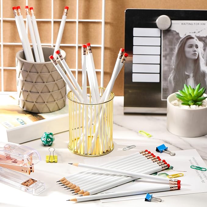 Outus 24 Pieces Round Pencils Cute HB Graphite Wood Pencils Pack with Eraser for School Drawing Sketching Wedding Office Supplies (White)
