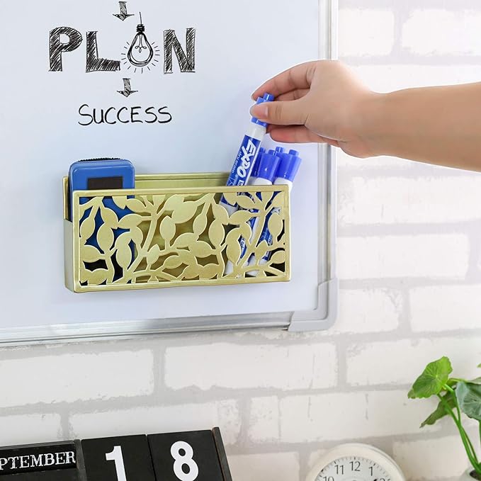 MyGift Magnetic Dry Erase Marker Holder Brass Metal for Whiteboard,Dry Erase Markers and Accessories Storage Basket Organizer with Floral Cutout Design
