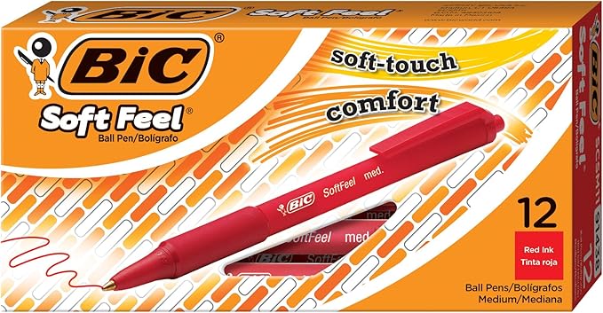 BIC Soft Feel Red Retractable Ballpoint Pens, Medium Point (1.0mm), 12-Count Pack, Red Pens with Soft-Touch Comfort Grip