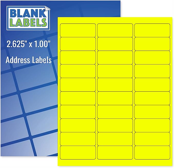 Blank Labels Fluorescent Yellow FBA & Mailing Labels – 2.625" x 1", 30 Per Sheet, Bright High-Visibility, Permanent Adhesive, Laser & Inkjet Compatible