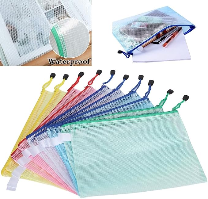 10Pcs Mesh A5 Document Pouch – Water Proof PVC File Bag for Office Supplies Storage, Zipper Envelope Organizer with Clear Window 9.2x6.9 in