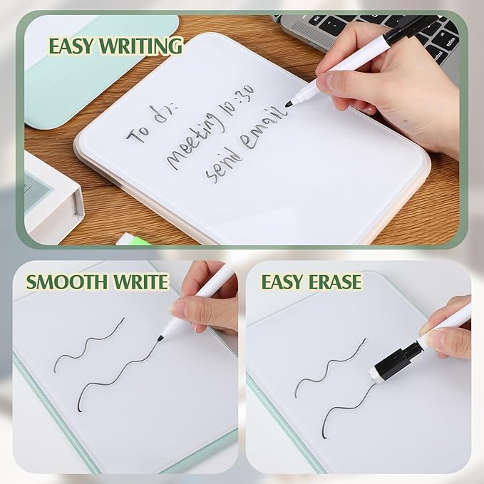 Dunzoom 2 Pcs Small Glass Desktop Whiteboard with Reversable Stand 8 x 6 Inch Mini Dry Erase White Board Easel with 2 Markers Reusable Desk Notepad for Home Office School Supplies (White,Green)