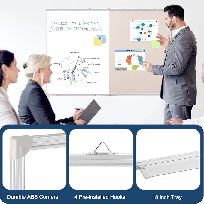 Large White Board Dry Erase Foldable Bulletin Board Combo, 48" x 36" Double Sided Dry Erase Board for Wall, Magnetic Whiteboard Bulletin Board with Linen for Office, Home, School, Kitchen -White