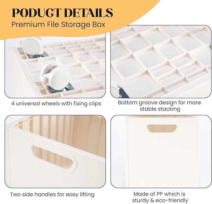 File Box Rolling File Organizer with Wheels Stackable Storage File Boxes Portable Letter File Folder Box Book Box Document Organizer for Home Office Filing Storage Bin, 2Pcs