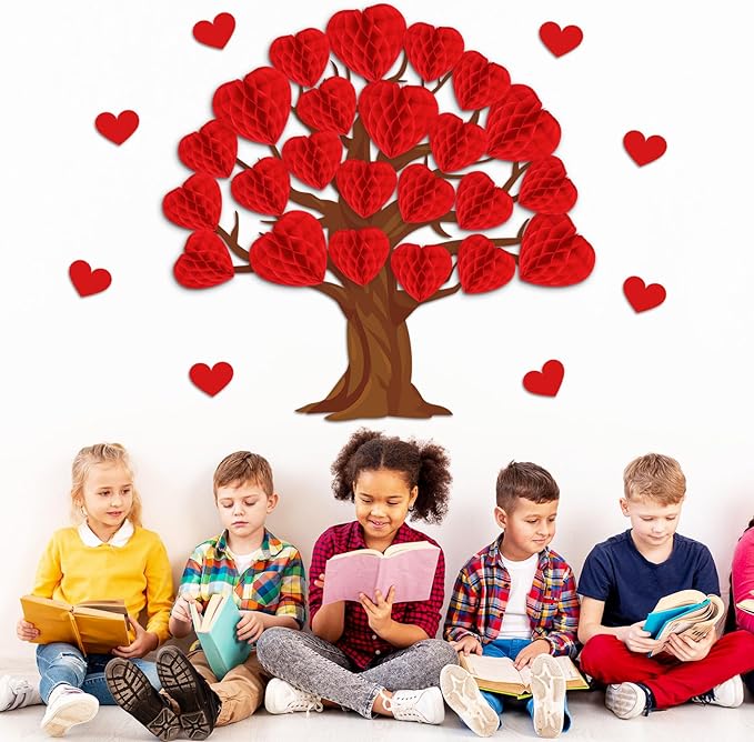 JarThenaAMCS 50Pcs Valentine' s Day Tree Bulletin Board Set 3D Heart Honeycomb Tree Classroom Decorations Red Heart Paper Cutouts for School Wall Door Decor Valentines Party Supplies
