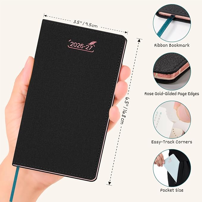 BEZEND Pocket Monthly Planner 2026 2027 Extra Thin & Light (Slim 3.5" x 6.5"), 18-Month Academic Mini Calendar (Jul 26 - Dec 27), Ideal for Students & Professionals, PU Leather Softcover - Black