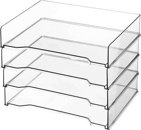 DoubleFill 4 Pcs Stackable Letter Tray Rectangular Plastic Desk Organizer 13 x 9.5 x 2.6 in Paper Holder File Tray Accessories Rack for Desktop Office Desk Drawers (Clear)