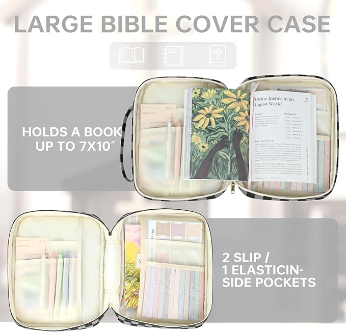 Bible Cover Case for Women Corduroy Bible Case for Girls Large Bible Cover with Handle Bible Study Supplies Accessories Christian Gifts for Women (Black Grey-Checkered, Medium)
