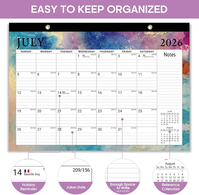Desk Calendar 2026-2027, 18-Month Calendar Runs from July 2026 to December 2027, Large 17" x 12" Monthly Desktop & Wall Calendar for Home & Office - Gilded Elegance
