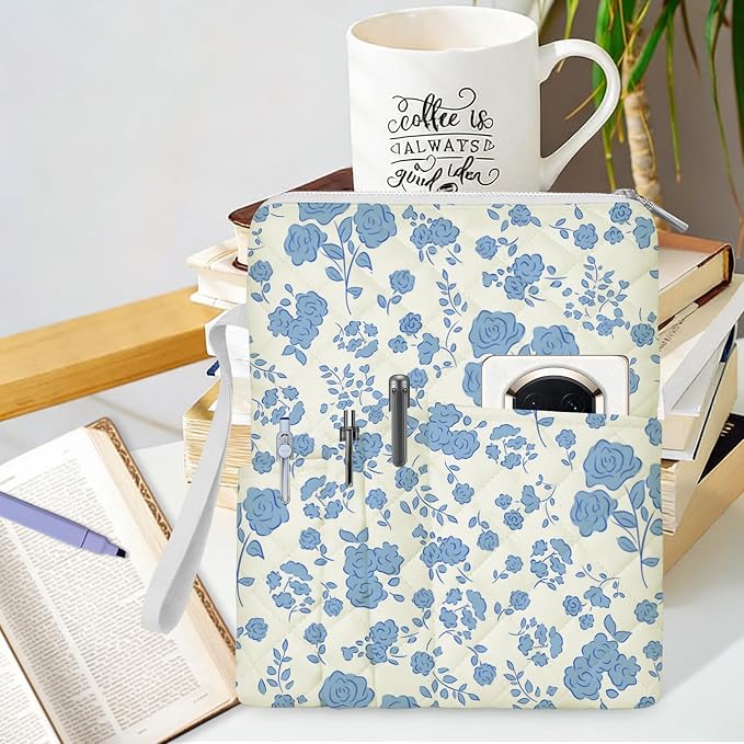 Blue Floral Quilted Bible Bag for Women, Bible Sleeve Cover with Zipper & Pen Pockets, Cute Bible Bag Book Sleeve, Washable Bible Case for Girls, Christian Gift 10x8 Inch