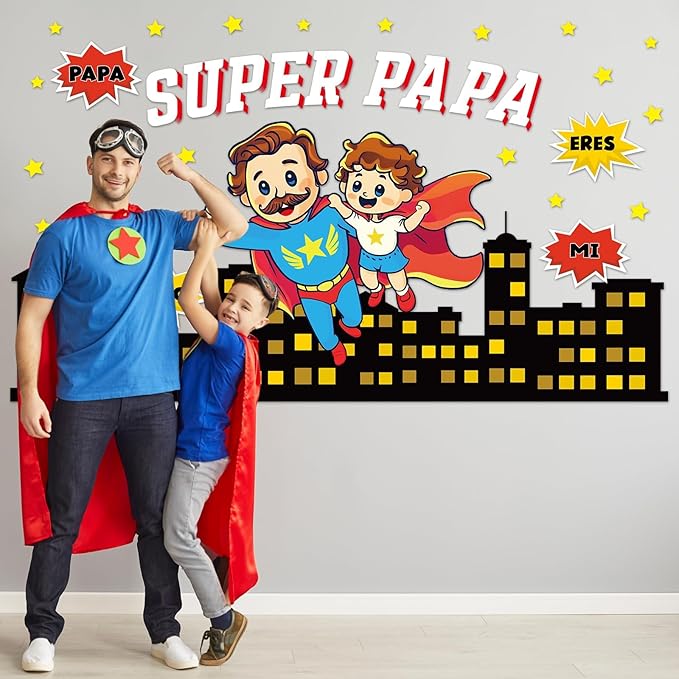 Happy Father's Day Bulletin Board Set Super Dad Themed Classroom Decorations Super Pa Pa Hero Cityscape Cutouts for Fathers Day School Office Wall Door Decor Chalkboard Supplies