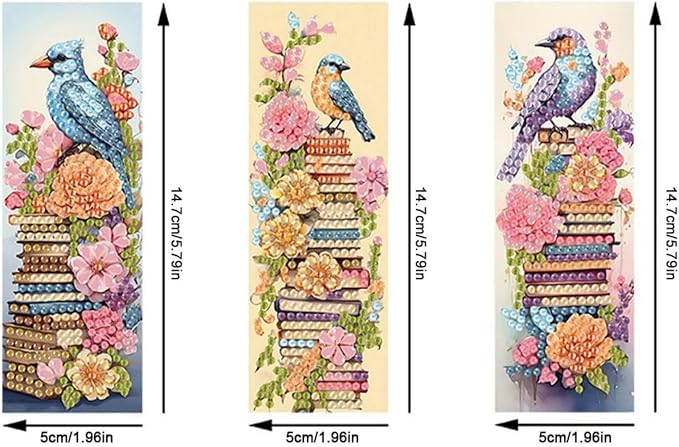 ARTopet 3Pcs DIY Diamond Art Painting Bookmarks with Colorful Butterfly Pendant PET Bookmark Ornament Double Sided Pattern Single Sided Diamond Book Marker Clip Gifts Tags-Book Pile Bird