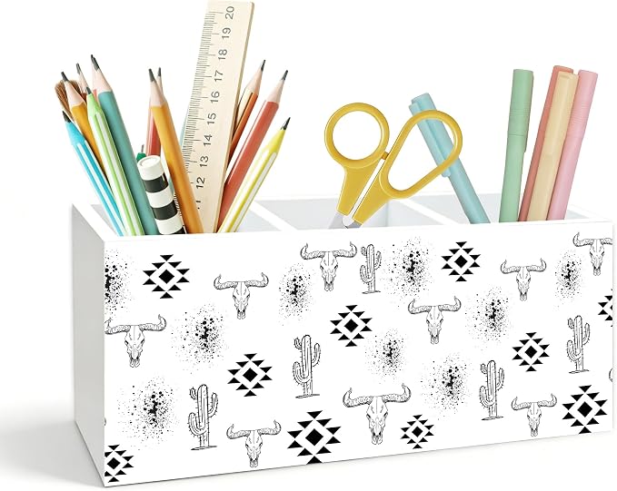 Western Desk Accessories Pen Holder, Western Office Decor, Boho Aztec Bull Skull Cactus Wooden Box Pencil Pen Holder Organizer for Home Office Desk Accessories