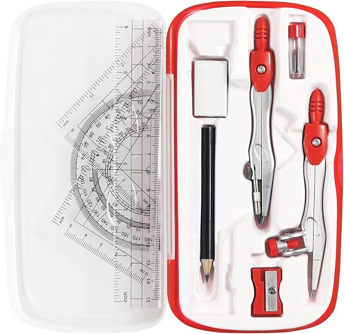 Vobou Math Geometry Kit Sets 10 Piece Student Supplies with Shatterproof Storage Box,Includes Rulers,Protractor,Compass,Eraser,Pencil Sharpener,Lead Refills,Pencil,for Drafting and Drawings（Red）