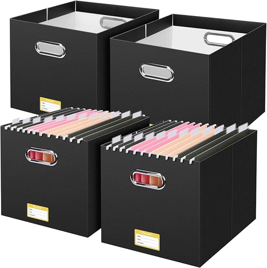 BALEINE File Organizer Box, Cardboard File Folder Organizer with Handle for Letter Size, Portable Collapsible Hanging Filing Box for Home Office Document Storage (4 Pack, Large Black)