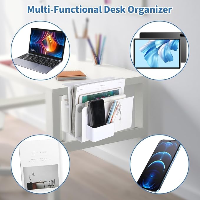 2 Tier Desk Side Storage, Under Desk Laptop Mount, Clamp On Desk Shelf for Tablet, Files,Accessories, No Drill Hanging Desks Caddy for Office and Home, Load 30Lbs, White
